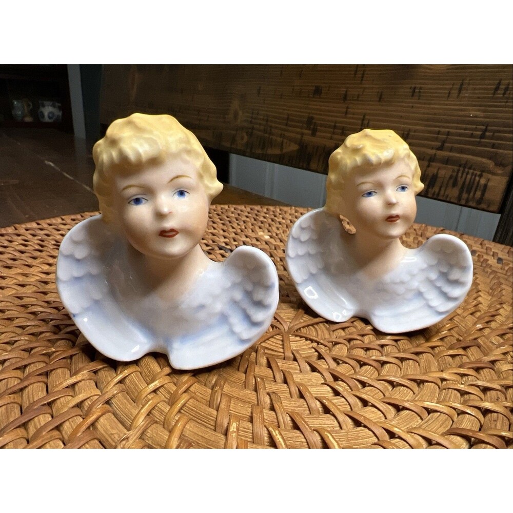Set Of 2 Vtg Orlik Angel Cherub Head Figurines Germany Blue Wings RARE